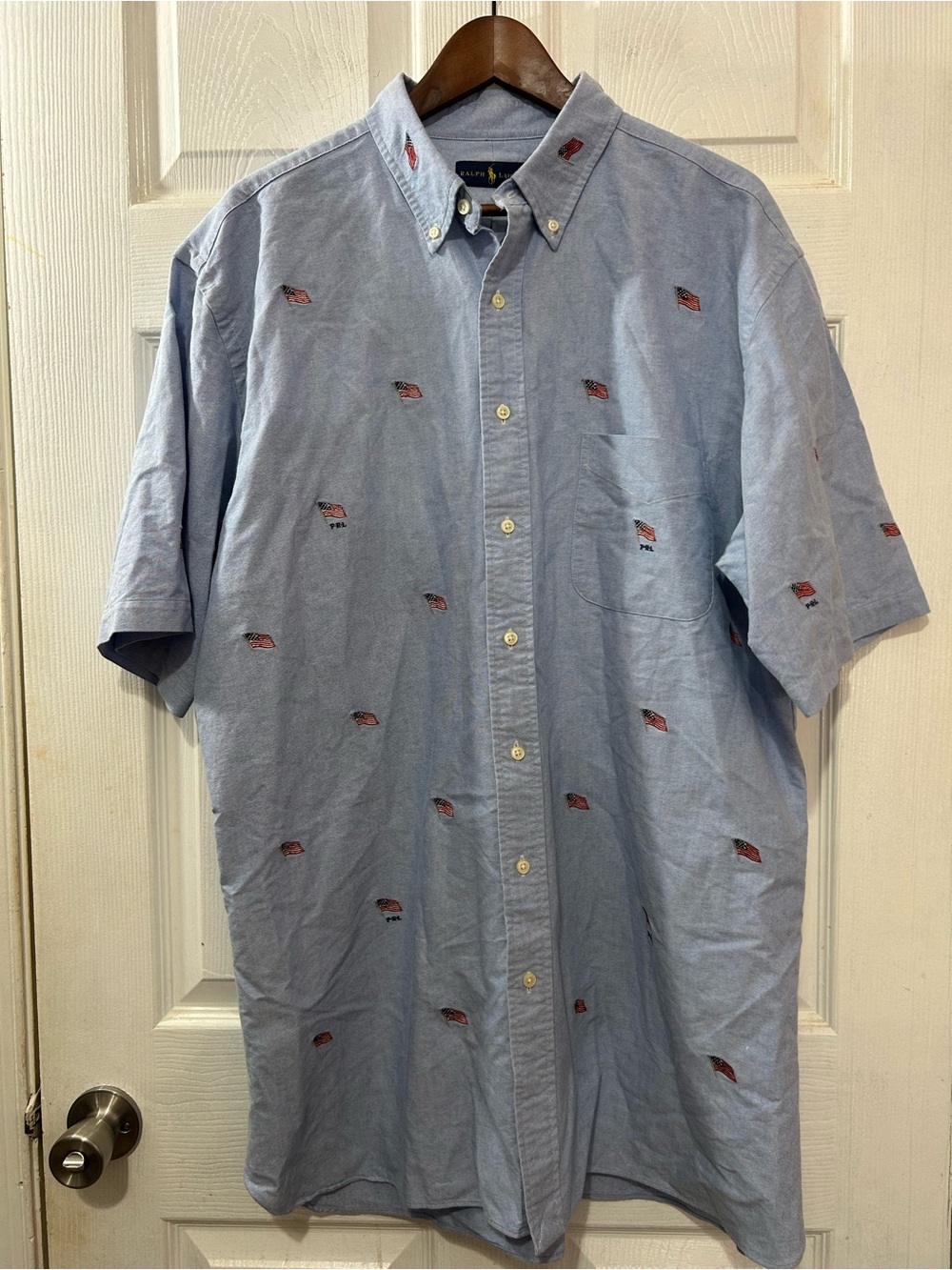 POLO Ralph Lauren Men’s 2XLT Blue Oxford SS Button Down American Flag Shirt